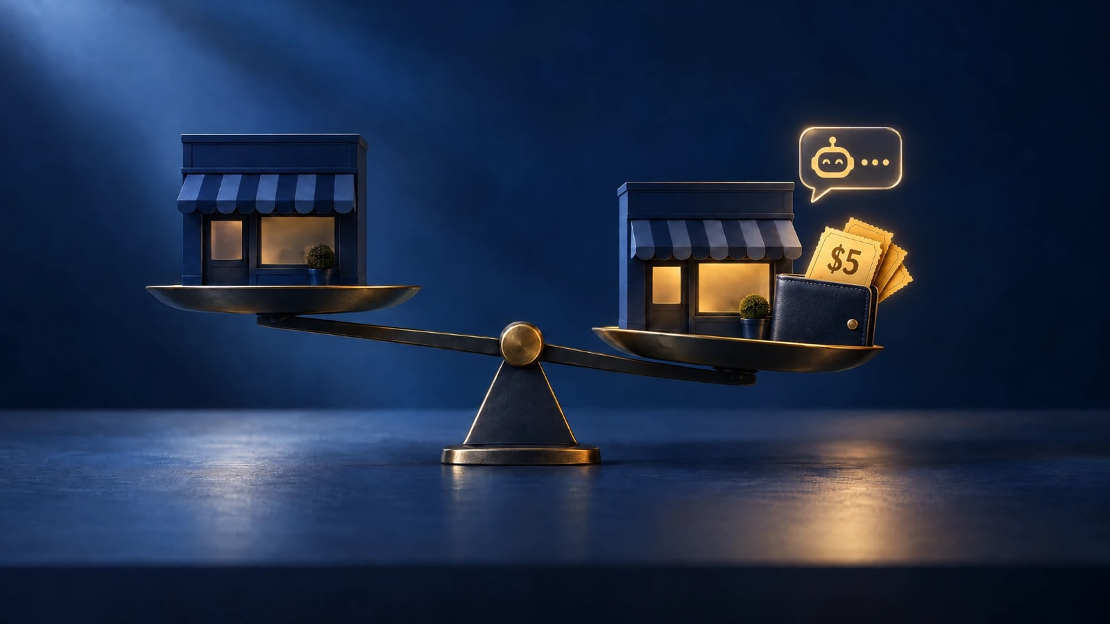 A brass balance scale tipped toward a store whose pan holds a wallet of gold $5 reward tickets, with an assistant chat bubble above it