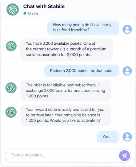 Illustrative chat with Stabile in ChatGPT: check balance, redeem 2,000 points, receive a saved code, activate