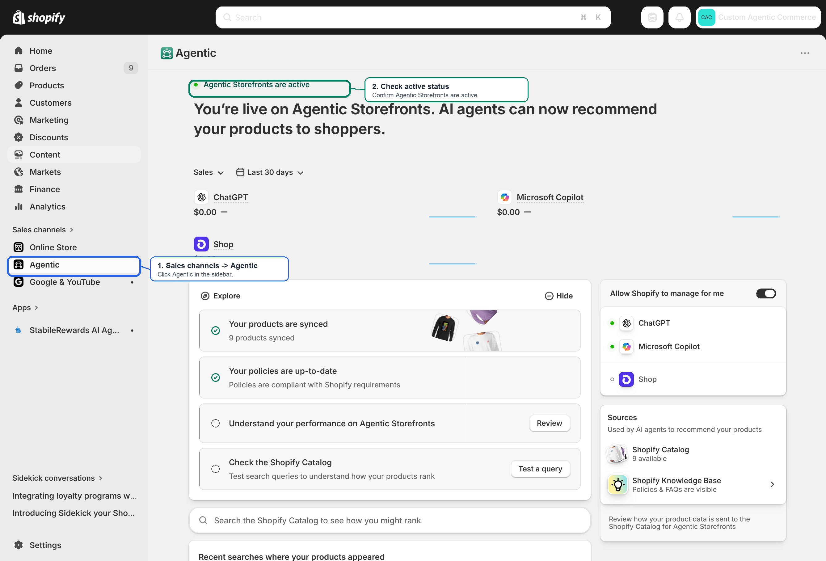 Shopify Agentic Storefronts admin page showing active status with ChatGPT, Microsoft Copilot, and Shop channels, plus the Explore checklist and Sources panel
