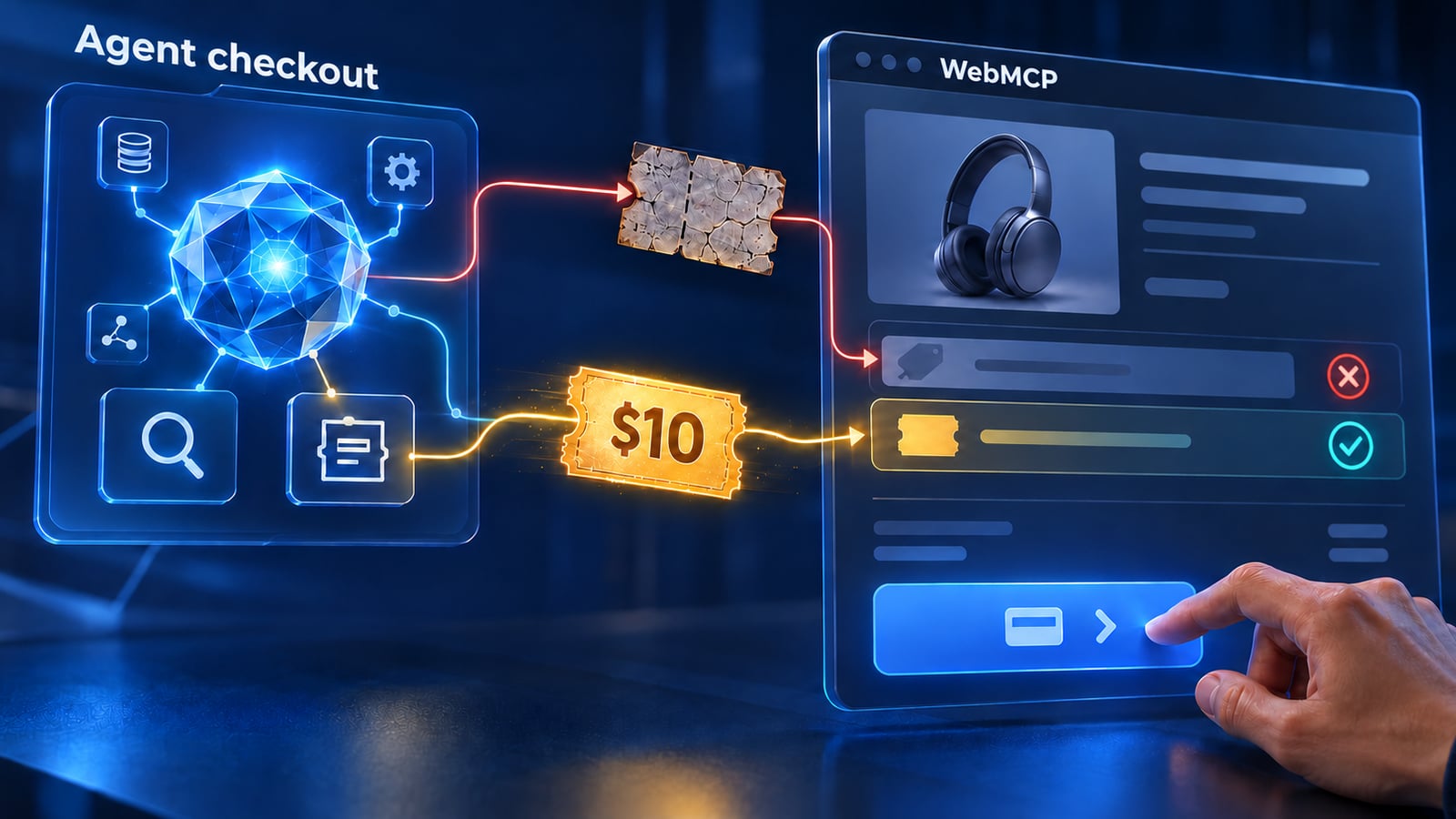 Agent checkout routes an expired reward to a rejected discount row and a fresh $10 reward to an accepted row, with human payment approval